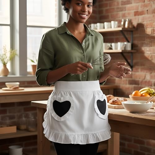 Waist Apron Kitchen Cooking Restaurant 100% Cotton Bistro Half Aprons with Pockets For Girl Woman (Blk Red Hearts)