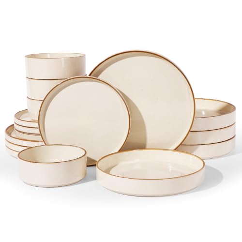 Nebula 16 Piece Stoneware Dinnerware Set with Pasta Bowls (Vanilla White with Brown Rim / Service for 4 (Include Pasta Bowls))