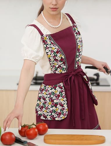 Kitchen Aprons for Women with Pockets Cute Floral Chef Pinafore Apron for Gardening Cooking Baking Painting (Burgundy)