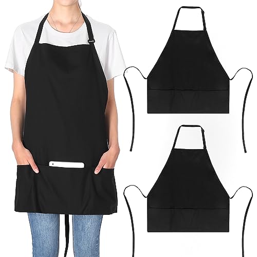 2 Pack 3 Pockets Adjustable Bib Apron 65% Polyester 35% Cotton Fabric Chef Kitchen Cooking Aprons for Women Men (Black)