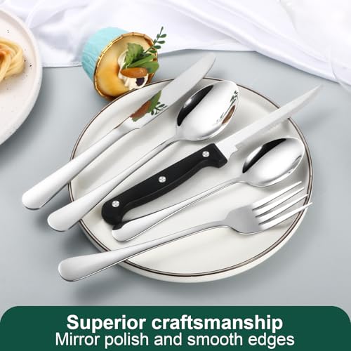 24 Piece Silver Silverware Set with Steak Knives Black Stainless Steel Flatware Set for 4 Food Grade Tableware Cutlery Set Rust (24Pcs-B)