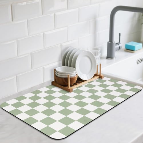 Checkered Dish Drying Mat for Kitchen Counter (Green / 24" x 16")