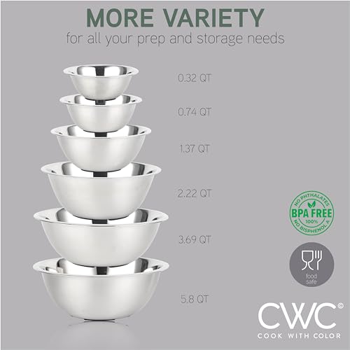 Stainless Steel Mixing Bowls Set (6 Pieces / Silver with Non Slip Bottom)