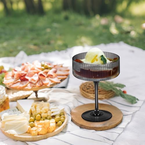 24 Pieces Martini Glasses 10.5oz Plasitc Ribbed Coupe Glasses Champagne Shatterproof Acrylic Vintage Cocktail Glassware Margarita Wine Glasses Disposable Cups for Parties Wedding Anniversary Bar Black (Black / 24 PCS)