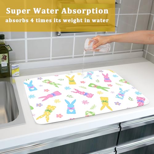 Easter Dish Drying Mat for Kitchen Counter Cute Bunny Floral Holiday Microfiber Absorbent Dish Draining Reusable Washable Foldable Extra Large 18"x24" (24" x 18")