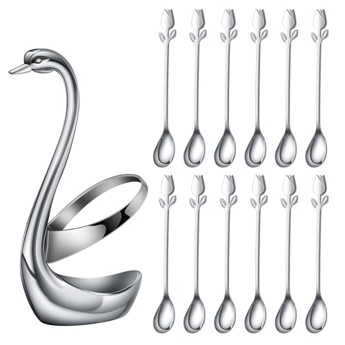 Silver Swan Base With 12 Pcs Coffee Spoon Holder Set (Silver Swan Set)