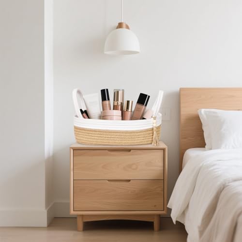 Small Storage Basket for Toilet Tank Top (White & Jute / L(13x6x4 Inch))