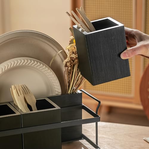 Silverware Caddy Black Wood Silverware Holder Paper Plate Dispenser (Black)
