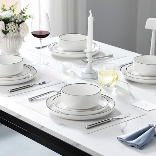 Plates and Bowls Sets (Ivory White-Black Rim / 24 Pcs (Service for 8))