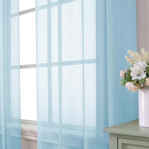 2 Pack Basic Sky Blue Sheer Curtain Drapes 90 Inch Length 2 Panels for Living Room (42"W x 90"L (Pack of 2) / Sky Blue)
