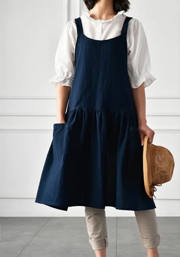 Japanese Cotton Cross Back Pinafore Apron for Women with Pockets Navy (12 - Navy Blue With Waist Ties)