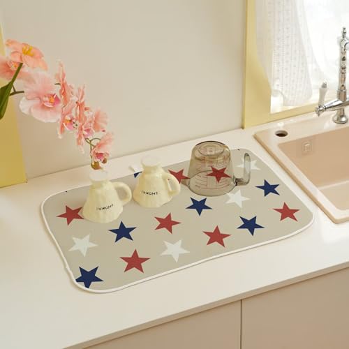 4th of July Dish Drying Mat 18 x 24 inch Independence Day Blue Red White Stars Patriotic Decorative Drying Mats Microfiber Absorbent Dish Washable Draining Mat for Kitchen Counter Decor (24" x 18" / Blue Red White Stars)