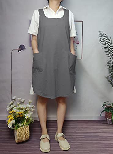 Cotton Cross Back Aprons Solid Color Cooking Kitchen Garden Smock for Women Girls with Pockets (Darkgrey / 37W x 32L)