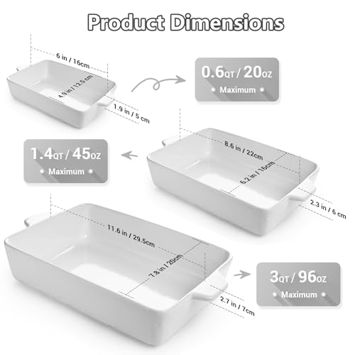 Baking Dish Set of 3 Oven Safe Nonstick Dish with Handles (White / 11.6 x 7.8 Inches)