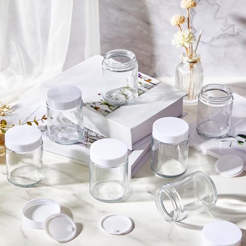 24 Pcs Bulk 6oz Glass Jars with Lids Leakproof Round Airtight Empty Cosmetic Jars with Inner Liners Lid for Storing Lotions Spices Ointments Food Storage (White White)