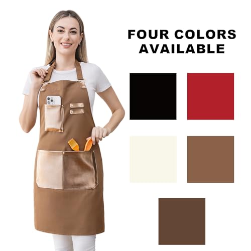 Barista Tools Apron for Women Hairstylists Servers Waterproof Canvas Kitchen Apron with 3 Pockets for Cooking Gardening (Brown)