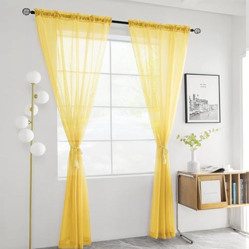 Solid Sheer Rod Pocket Curtain Voile Draperies 2 Panels White Beige Black Grey Coffee 52 Inch Width 54 Inch Long 1 Pair for Kitchen Bedroom Children Living Room Yard (Yellow / 52"W x 54"L (Pack of 2))