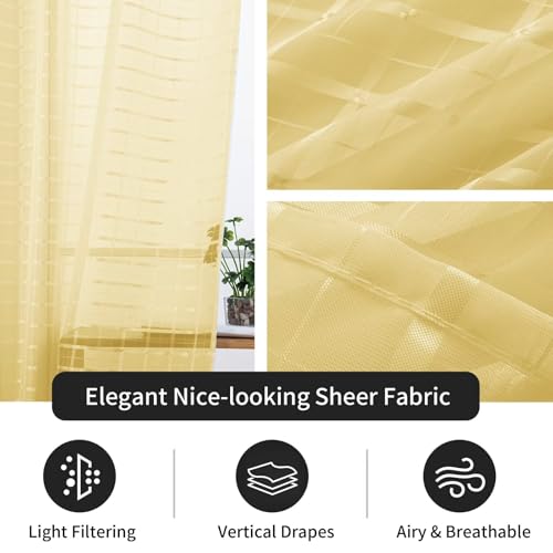 Check Sheer Curtains 108 Inches Long for Living Room (Check - Yellow / 52"W x 108"L (Pack of 2))