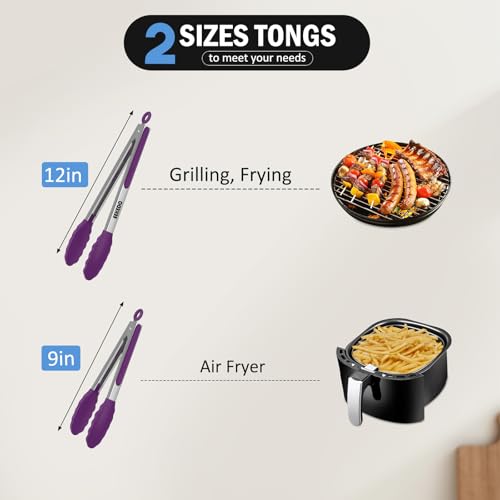 Cooking Tongs with Silicone Tips (Purple / 9 + 12 inches)
