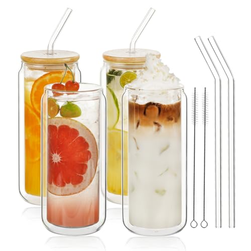 Double Wall Drinking Glass Cups with Bamboo Lids & Straws (16oz* 4)