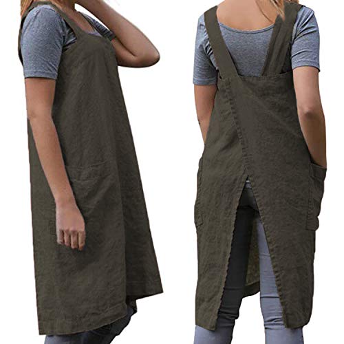 Women's Cross Back Pinafore Apron with Large Pockets Home Kitchen (Large / Army Green)