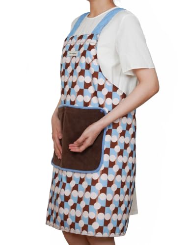 Kitchen Apron for Women with Pockets and Removable Towel (Blue Polka Dots (With Towel) / Standard)