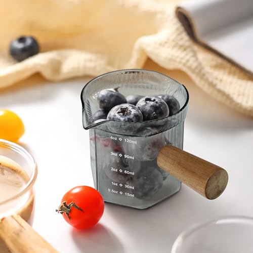 4 oz Grey Double Spouts Measuring Triple Pitcher Milk Cup with Wood Handle (4 Oz Double Spouts Smoke Grey Colored Measuring)