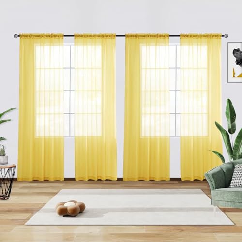 Solid Sheer Rod Pocket Curtain Voile Draperies 4 Panels White Beige Black Grey Ivory 52 Inch Width 63 Inch Long 1 Pair for Kitchen Bedroom Children Living Room Yard (Yellow / 52"W x 63"L (Pack of 4))