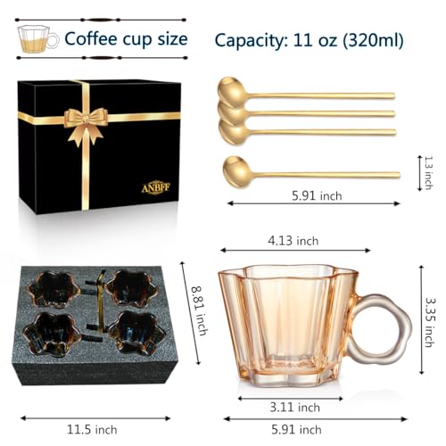 11oz Amber Floral Glass Coffee Mugs Set of 4 with Spoons (Amber)