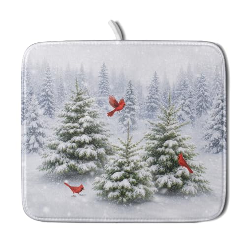 Winter Decorative Dish Drying Mat for Kitchen Sonwy Green Pine Trees Red Birds Dish Drainer Mats 16x18inch Xmas Nature Forest Snow Dish Drying Rack Pad Protector for Countertop Dining (18" x 16")