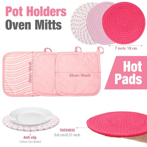 Pink Oven Mitts and Pot Holders 7 Sets (Pink White / Rubber Cotton / Stripes)