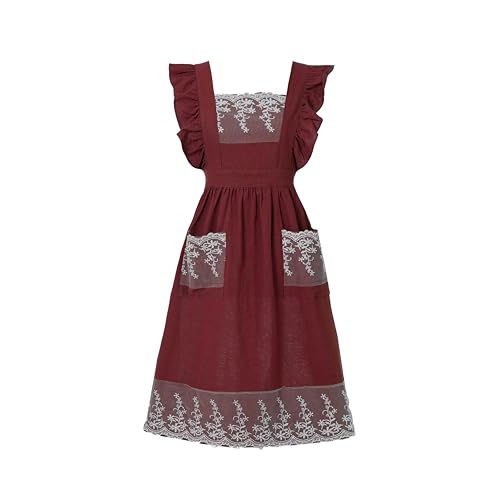 Aoomzoom Vintage Aprons for Woman with Pockets Cute Lace Ruffle Adjustable Apron for Cooking Kitchen Baking Gardening (Red)