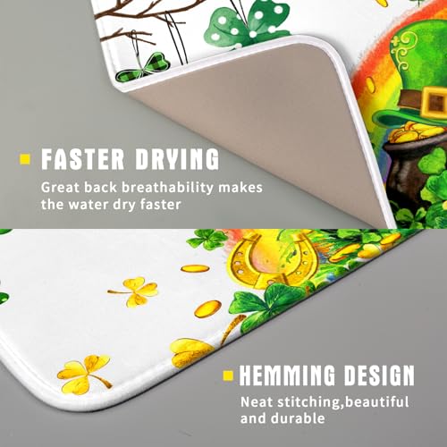 St Patrick Dish Drying Mat Small Lucky Clover Tree Shamrock Dish Drainer Mats 16x18inch Spring Elf Hat Rainbow Colorful Fast Drying Absorbent Dish Drying Pad for Kitchen Counter Decor (18" x 16")