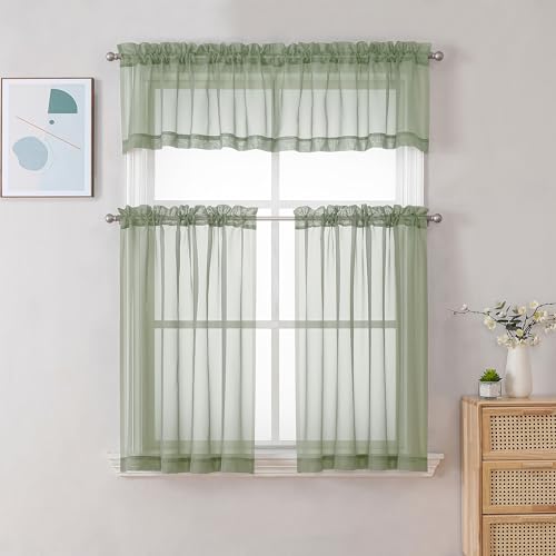 Sage Green Sheer Valance for Windows (Sage Green / 42"W x 12"L (Pack of 2))