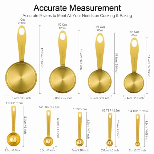 9pcs 304 Stainless Steel Measuring Cups & Spoons (Gold)