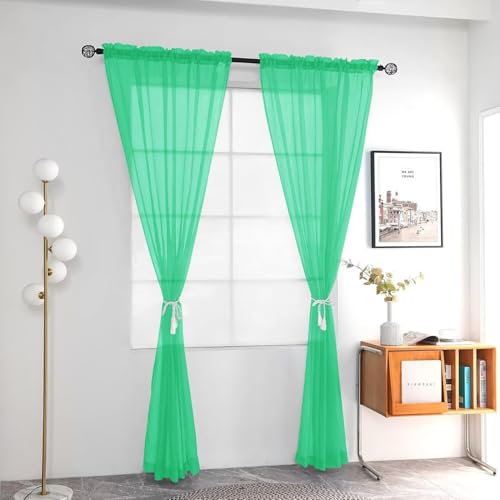 Solid Sheer Rod Pocket Curtain Voile Draperies 2 Panels White Beige Black Grey Coffee 52 Inch Width 54 Inch Long 1 Pair for Kitchen Bedroom Children Living Room Yard (Grass Green / 52"W x 54"L (Pack of 2))