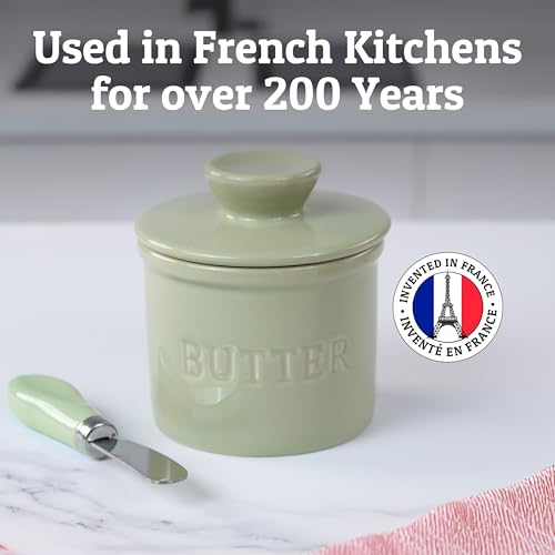 Butter Crock with Lid for Countertop with Spreader Knife and Water Line (Sage / Regular)