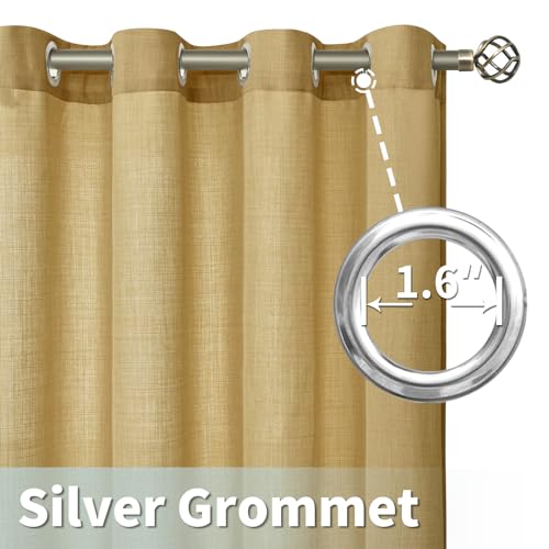 Light Filtering Faux Linen Curtains for Bedroom (52"W x 63"L (Pack of 2) / Silver Grommet-caramel Brown)