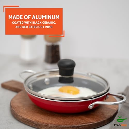 5.8 Inch Aluminum Black Ceramic Egg Pan Casserole with Glass Lid (Red)