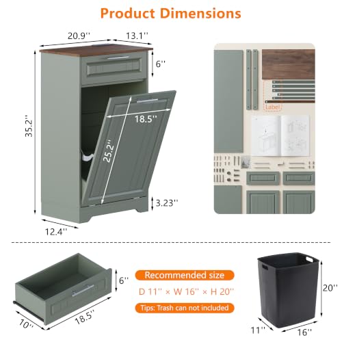 Single 10 Gallon Tilt Out Trash Can Cabinet with Deodorizing Function (Green / 13.11"D x 20.91"W x 35.2"H(Single))