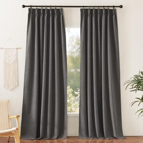 Pinch Pleated Back Tab Curtains Linen Textured 100% Blackout Curtains Thermal Insulated for Bedroom Living Room Bay Window Drapes (Grey / 40"W x 90"L (Pack of 2))