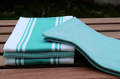 Cotton Kitchen Towels (Teal / 2 Stripe + 2 Waffle Towels)