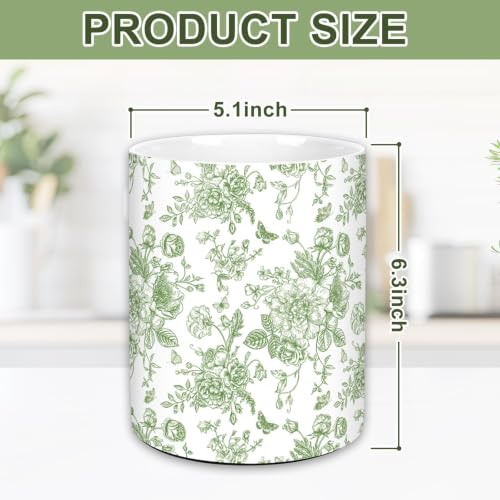 Green Chinoiserie Floral Ceramic Utensil Holder Vintage Flower Butterfly Utensil Crock for Home Kitchen Countertop Storage Organizer Container (Green)