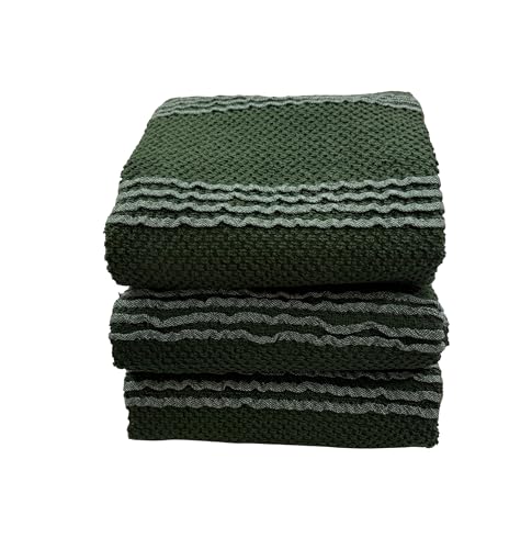 Dark Green Kitchen Hand Dish Towels Waffle Ruffle Textured Set of 3 (Rainah Dark Green)