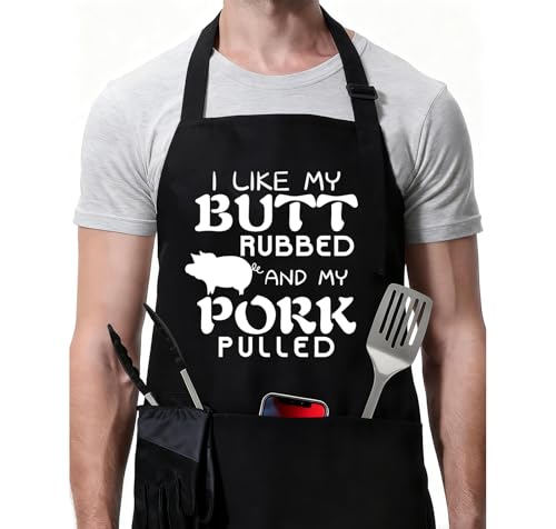 Funny BBQ Black Chef Aprons for Men (I Like My Butt Rubbed and My Pork Pulled)