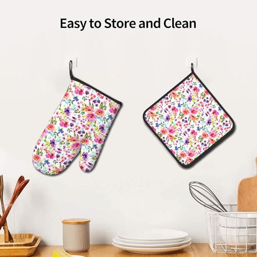 Floral Oven Mitts and Pot Holders Sets Spring Summer Kitchen Mitts Colorful Blossom Potholders 2PCS Wildflower Oven Gloves Hot Pads for Kitchen Baking Cooking (Multicolor Spring Summer Flowers)