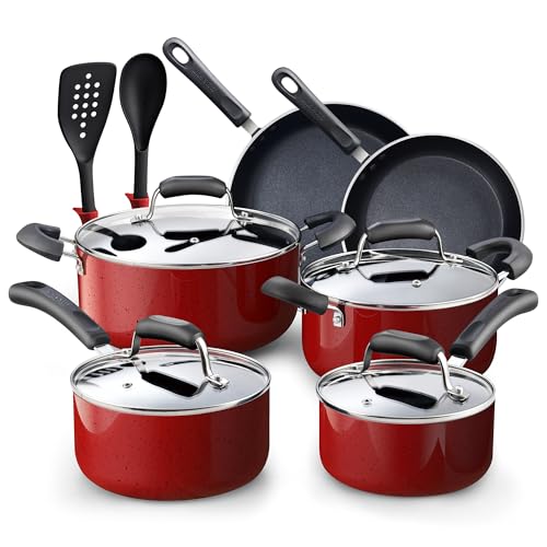 Professional Pots and Pans Nonstick Cookware Set (12 Piece Cookware Set / Marble Red)