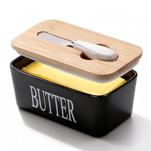 Butter Dish Ceramic with Lid and Knife for Countertop (Black)