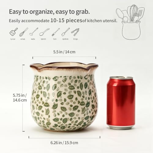 5.75" H Green Leaves Wide Cooking Utensil Holder for Kitchen Counter (Green Leaves)