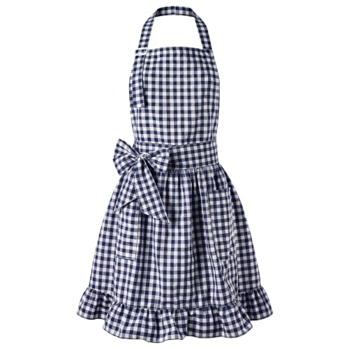 Vintage Apron Ruffle Dress Women 2 Pockets (Navy Blue / Gingham)